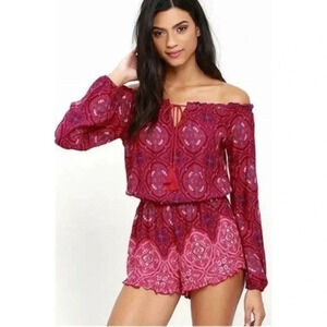 O'Neill Nashville Red Print Off-the-Shoulder Romper Womens Stretchy Boho Size S